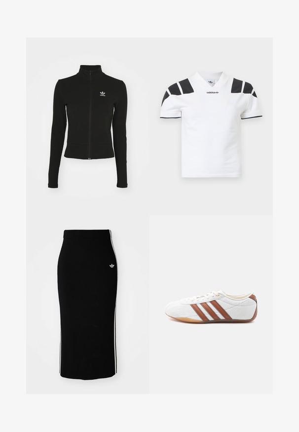Must mustressede jakk, millel on pikad varrukad ja mis on valmistatud tekstuurilisest materjalist, ning mille vasakul rinnaku kohal on väike sinine Adidas'i logo.; Valge lühikeste varrukatega särk, millel on mustad aktsendid õlgadel ja krael. Omab V-kaeluse disaini ja esiküljel on Adidas logo. Materjaliks puuvill.; Must have ribidega midi seelik, millel on hästi liibuv disain, valgete külgtriipude ja väikese valge embleemiga vasakul küljel.; Valge madala säärega tenniskinga pruunide nahast triipude, nöörpaela kinnituse ja kummist talla ning siseküljelt valge taustaga.