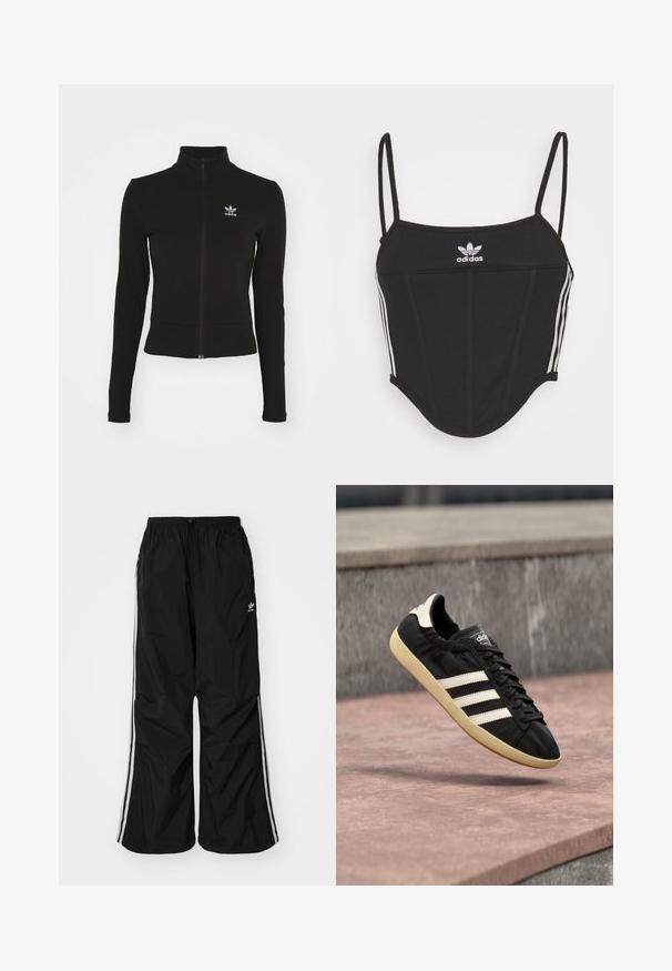 Must mustressede jakk, millel on pikad varrukad ja mis on valmistatud tekstuurilisest materjalist, ning mille vasakul rinnaku kohal on väike sinine Adidas'i logo.; Must mustriba top mustaks, reguleeritavate õhukeste kinnitustega, millel on külgedel kolm valget triipu ja keskel väike valge Adidas'i logo.; Mustade tuulekindlad püksid elastse vöökoha ja sisemise nööridega, valged külgmised triibud, vabalt langev lõige, väikese logoga vasakul küljel.; Must Adidas tennisejalats valgete triipude ja beežika tallaga, õhus kivipinnast ja kivimüürist taustal pildistatud.