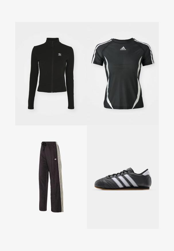 Schwarze Jacke mit Reißverschluss und langen Ärmeln, aus strukturiertem Material, mit einem kleinen blauen Adidas-Logo auf der linken Brust.; Schwarzes Adidas Sport-T-Shirt mit kurzen Ärmeln, weißen Streifen an den Schultern und silbernen gewölbten Akzenten an den Seiten.; Schwarze Sporthosen aus weichem Material mit weißen und gelben vertikalen Streifen an den Seiten und einem Kordelzugbund.; Schwarzer Sportschuh aus Leder mit weißen Streifen, runder Spitze, flacher Sohle und Schnürverschluss. Besitzt Perforationen für Atmungsaktivität.