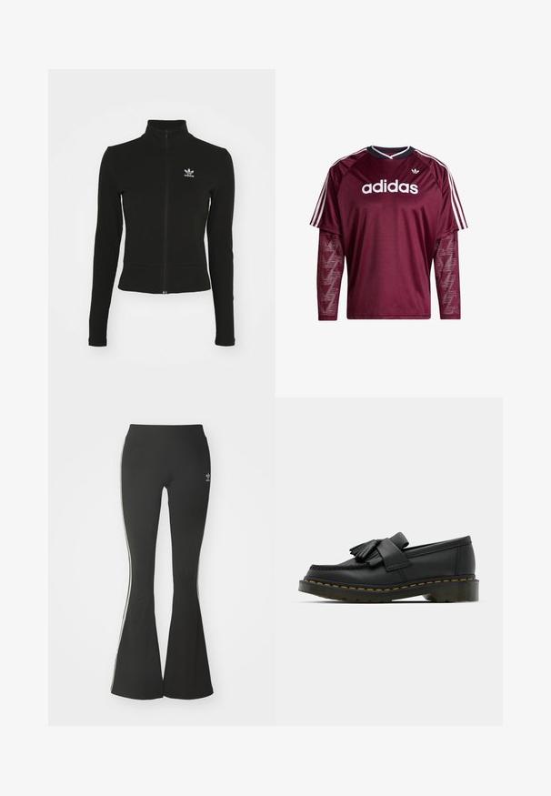 Sort zip-up jakke med lange ærmer, lavet af tekstureret materiale, med et lille blåt Adidas-logo på venstre bryst.; Mørkerød Adidas langærmet trøje med netærmer, hvidt logo og striber på skuldrene, sort og hvid krave, forfra.; Sorte flared leggings lavet af strækstof, med en høj talje og hvide sidestreger. Inkluderer lille logo ved taljen.; Sorte læder loafers med rund tå, der har frynse detaljer og et dekorativt bånd på tværs af fronten, sat på en kraftig hæl.