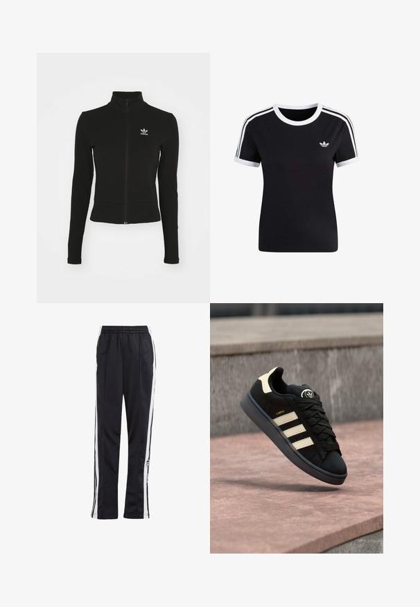 Schwarze Jacke mit Reißverschluss und langen Ärmeln, aus strukturiertem Material, mit einem kleinen blauen Adidas-Logo auf der linken Brust.; Schwarzes T-Shirt mit kurzen Ärmeln und weißen Akzenten, runder Ausschnitt und drei weißen Streifen auf jeder Schulter. Mit einem kleinen Logo auf der Brust.; Schwarze Jogginghose mit weißen Seitenstreifen, elastischem Bund und einem Logo-Patch. Hergestellt aus glattem, leichtem Stoff. Gerades Bein-Design.; Schwarzer Wildledersneaker mit drei beigen Streifen, rundem Logo auf der Zunge, flachen Schnürsenkeln und einer gepolsterten Sohle mit der Aufschrift "CAMPUS".