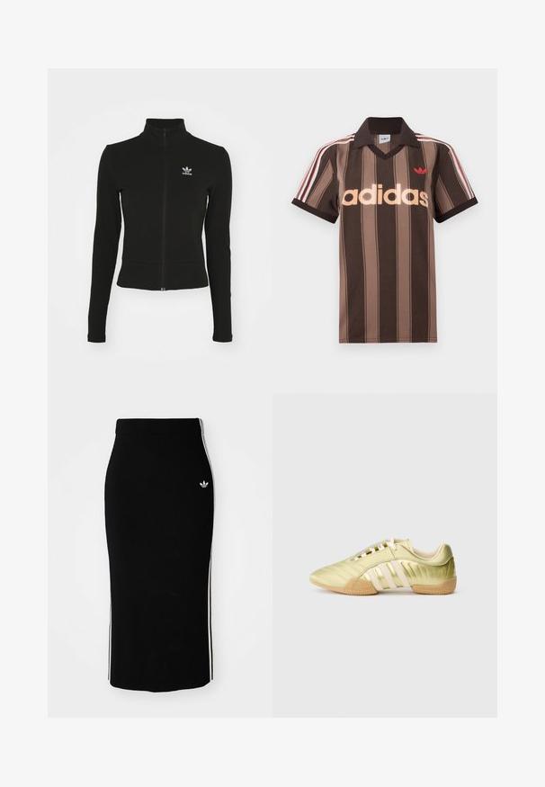Must mustressede jakk, millel on pikad varrukad ja mis on valmistatud tekstuurilisest materjalist, ning mille vasakul rinnaku kohal on väike sinine Adidas'i logo.; Pruunide triipudega Adidas polotee, V-kaelusega, bordeau krae ja punase logoga. Omad valge ja punase triibuga õlad ning lühikesed varrukad.; Must have ribidega midi seelik, millel on hästi liibuv disain, valgete külgtriipude ja väikese valge embleemiga vasakul küljel.; Lime rohelised sünteetilisest materjalist spordijalats, millel on sile pind, kolm valget triipu, pehme sisemine vooder ja tekstuuriga kummist välistald.