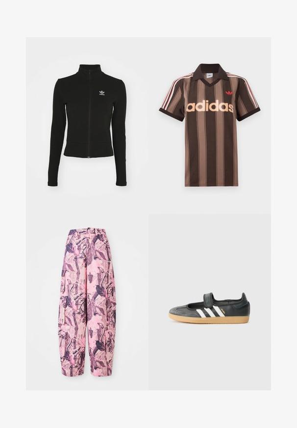 Sort zip-up jakke med lange ærmer, lavet af tekstureret materiale, med et lille blåt Adidas-logo på venstre bryst.; Brunstribet Adidas polo-shirt med V-hals, bordeaux krave og rødt logo. Har hvide og røde skulderstriber samt korte ærmer.; Lyserøde og lilla mønstrede vide bukser har et blad- og grenmønster, med høj talje og sidelommer for ekstra funktionalitet.; Sort læder- og ruskinds sneakers med en Velcro-rem, der har tre hvide striber og en gummisål, mærket "SAMBA" på siden.