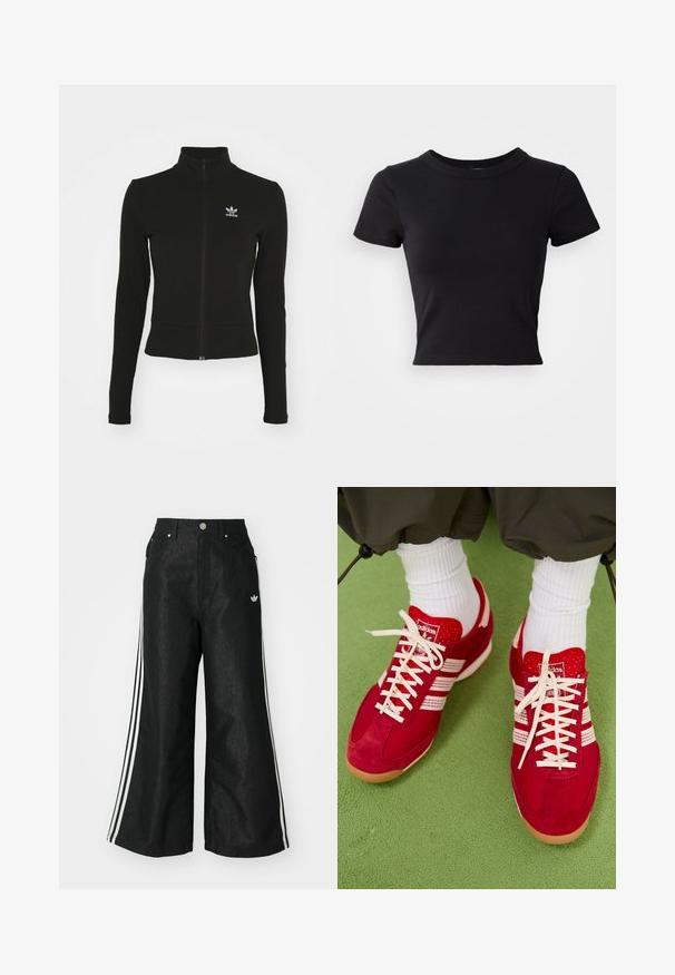 Chaqueta negra con cremallera y mangas largas, hecha de material texturizado, que presenta un pequeño logo azul de Adidas en el lado izquierdo del pecho.; Camiseta corta negra hecha de algodón sólido, con mangas cortas y un cuello redondo, de diseño suave y sencillo.; Pantalones de denim anchos y negros con tres franjas blancas en cada lado y un pequeño logo blanco. Cuenta con bolsillos frontales y un cierre de botón.; Zapatillas deportivas de ante rojo y malla con rayas y cordones blancos. Suela de goma. Llevadas con calcetines blancos de canalé sobre una superficie verde texturizada.