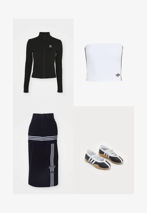 Zwarte zip-up jas met lange mouwen, gemaakt van textuurmateriaal, met een klein blauw Adidas-logo op de linkerborst.; Witte bandeau-top gemaakt van rekbaar materiaal. Bevat zwarte zijstrepen en een klein zwart logo aan de onderrand. Glad van textuur.; Zwarte spijkerrok met een hoge taille, voorzien van twee witte horizontale strepen, een Adidas logo tag aan de zijkant en een recht gesneden ontwerp.; Zwart-witte sport schoenen met een slank ontwerp, rubberen zool, vetersluiting en drie witte strepen aan de zijkanten.