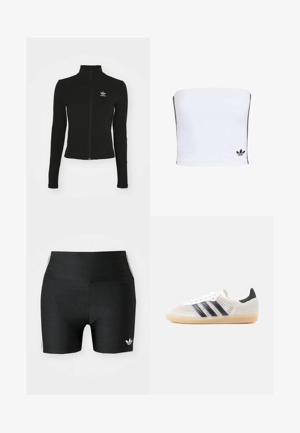 Chaqueta negra con cremallera y mangas largas, hecha de material texturizado, que presenta un pequeño logo azul de Adidas en el lado izquierdo del pecho.; Top bandeau blanco hecho de tejido elástico. Presenta rayas laterales negras y un pequeño logotipo negro en el dobladillo. Textura suave.; Pantalones cortos deportivos negros en una tela elástica con una cintura alta. Presentan franjas laterales blancas y un pequeño logo blanco en el dobladillo.; Zapatillas deportivas de malla blanca con diseño de tres franjas negras, punta redondeada y suela de goma color café. Cuentan con un cuello de talón suave y cierre de cordones.