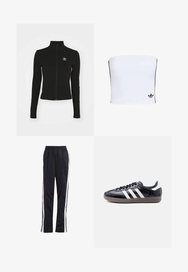 Schwarze Jacke mit Reißverschluss und langen Ärmeln, aus strukturiertem Material, mit einem kleinen blauen Adidas-Logo auf der linken Brust.; Weißes Bandeau-Top aus dehnbarem Stoff. Mit schwarzen Seitenstreifen und einem kleinen schwarzen Logo am Saum. Glatte Textur.; Schwarze Jogginghose mit weißen Seitenstreifen, elastischem Bund und einem Logo-Patch. Hergestellt aus glattem, leichtem Stoff. Gerades Bein-Design.; Schwarzer Sneaker mit flachem Profil und texturiertem Schlangenledermuster, weißen Streifen an der Seite, schwarzen Schnürsenkeln und einer durchscheinend braunen Sohle.