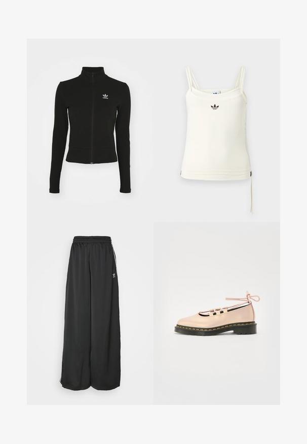 Schwarze Jacke mit Reißverschluss und langen Ärmeln, aus strukturiertem Material, mit einem kleinen blauen Adidas-Logo auf der linken Brust.; Cremefarbenes Tanktop mit dünnen Trägern; Adidas-Logo in Schwarz auf der Brust. Glatter Stoff mit Kordelzug-Detail am Saum. Einfaches Design.; Schwarze, locker sitzende Jogginghosen aus glattem Material. Mit elastischem Bund und seitlichen Streifen mit Logo-Akzenten.; Helle rosa Leder-Schuh mit runder Zehenpartie, Schnürdetails und einer schwarzen Plattformsohle, die mit gelben Nähten akzentuiert ist.