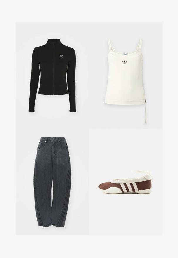 Schwarze Jacke mit Reißverschluss und langen Ärmeln, aus strukturiertem Material, mit einem kleinen blauen Adidas-Logo auf der linken Brust.; Cremefarbenes Tanktop mit dünnen Trägern; Adidas-Logo in Schwarz auf der Brust. Glatter Stoff mit Kordelzug-Detail am Saum. Einfaches Design.; Lockere schwarze Denim-Jeans mit einem verblassten Finish, fünf Taschen, einem Knopfverschluss an der Taille und gestickten Details an der Vorderseite und den Seiten.; Brauner und weißer Ballerinaschuh mit drei weißen Streifen und einer Schleife zum Binden am Knöchel auf einem schlichten hellen Hintergrund.