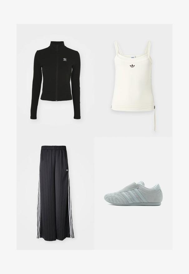 Zwarte zip-up jas met lange mouwen, gemaakt van textuurmateriaal, met een klein blauw Adidas-logo op de linkerborst.; Roomkleurig tanktop met dunne bandjes; Adidas-logo in zwart op de borst. Glad stof met een koorddetail aan de zoom. Eenvoudig ontwerp.; Zwarte wijde broek met verticale witte strepen, elastische tailleband en drie witte strepen aan de zijkant. Adidas-logo aan de voorkant.; Grijze suède instapsneaker met een gestructureerd oppervlak, voorzien van drie zijstrepen en een afgeronde neus. Rubberzool met minimale designdetails.