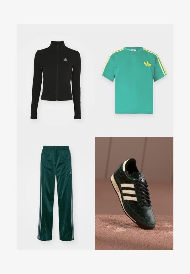Čierna zipsová bunda s dlhými rukávmi, vyrobená z textúrovaného materiálu, s malým modrým logom Adidas na ľavej hrudi.; Zelené bavlnené tričko s krátkymi rukávmi, s žltými pruhmi pozdĺž ramien a vyšívaným trojlístkovým logom na hrudi.; Tmavozelené športové nohavice vyrobené z lesklého materiálu, s bočnými pruhmi v svetlošedej farbe a vyšitým logom na ľavom stehne.; Zelené textúrované tenisky so vzorom hadiej kože, s tromi krémovými pruhmi, čiernymi šnúrkami a čiernou podrážkou. Klasická značka Adidas.