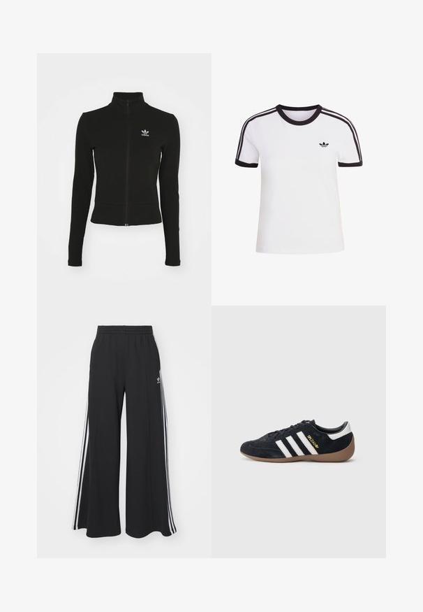 Sort zip-up jakke med lange ærmer, lavet af tekstureret materiale, med et lille blåt Adidas-logo på venstre bryst.; Hvid kortærmet t-shirt med sorte detaljer, der har rund halsudskæring og tre sorte striber på hver skulder. Lille sort logo på brystet.; Sorte bukser med vide ben og elastik i taljen, med tre hvide striber langs ydersiderne og et lille logo foran.; Sort ruskindssneaker med tre hvide striber, gummisål og et lille gyldent logo på siden. Har en glat sort foring indvendigt.