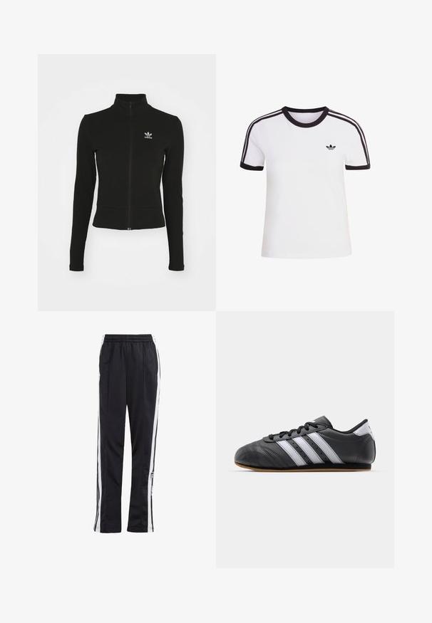 Chaqueta negra con cremallera y mangas largas, hecha de material texturizado, que presenta un pequeño logo azul de Adidas en el lado izquierdo del pecho.; Camiseta blanca de manga corta con detalles en negro, con cuello redondo y tres rayas negras en cada hombro. Pequeño logo negro en el pecho.; Pantalones deportivos negros con rayas laterales blancas, cintura elástica y parche con logo. Fabricados con una tela suave y ligera. Diseño de pierna recta.; Zapatilla deportiva de cuero negro con rayas blancas, puntera redonda, suela plana y cierre con cordones. Presenta perforaciones para transpirabilidad.