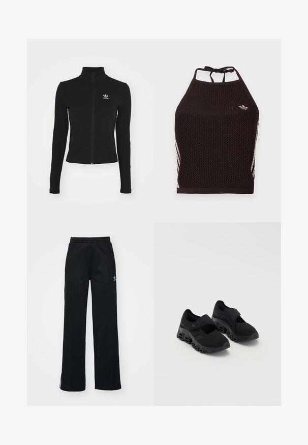 Zwarte zip-up jas met lange mouwen, gemaakt van textuurmateriaal, met een klein blauw Adidas-logo op de linkerborst.; Zwarte mesh halter crop top met een textuurpatroon. Voorzien van roze accentstrepen en een klein logo aan de voorkant. Sluiting met strik aan de achterkant.; Zwarte sportbroek met een relaxte pasvorm, een trekkoord in de taille, zijzakken met rits en subtiele witte branding op het linkerbeen.; Zwarte sportieve schoenen met een bovenwerk van mesh, een stevige band over de wreef, een dikke zool met ronde uitsparingen en textuurdetails aan de zijkanten.