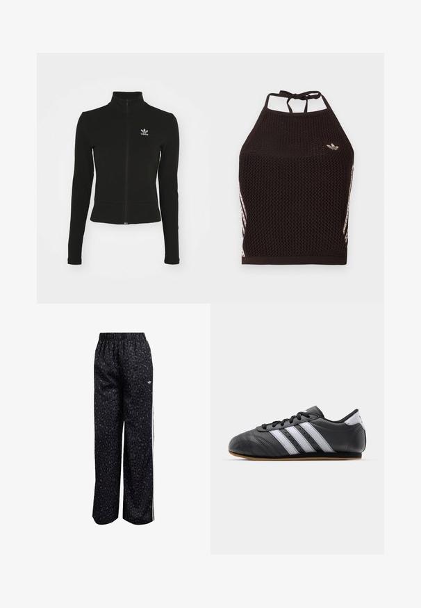 Schwarze Jacke mit Reißverschluss und langen Ärmeln, aus strukturiertem Material, mit einem kleinen blauen Adidas-Logo auf der linken Brust.; Schwarzes Netz-Halfter-Cropped-Top mit strukturiertem Design. Mit pinkfarbenen Akzentstreifen und kleinem Logo vorne. Mit Rückenknotenverschluss.; Schwarze Sporthose mit Leopardenmuster, elastischem Bund und weißen Seitenstreifen. Gefertigt aus glattem, leichtem Material.; Schwarzer Sportschuh aus Leder mit weißen Streifen, runder Spitze, flacher Sohle und Schnürverschluss. Besitzt Perforationen für Atmungsaktivität.