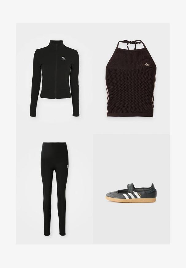 Chaqueta negra con cremallera y mangas largas, hecha de material texturizado, que presenta un pequeño logo azul de Adidas en el lado izquierdo del pecho.; Top corto de malla negra tipo halter con un diseño texturizado. Cuenta con franjas de acento rosa y un pequeño logotipo en el frente. Cierre con lazada en la espalda.; Leggings negros hechos de material elástico con una cintura alta, que presentan un pequeño logo blanco de Adidas en la pierna izquierda. Textura suave.; Zapatilla de deporte de cuero negro y ante con una correa de Velcro, que presenta tres rayas blancas y una suela de goma, etiquetada "SAMBA" en el lateral.