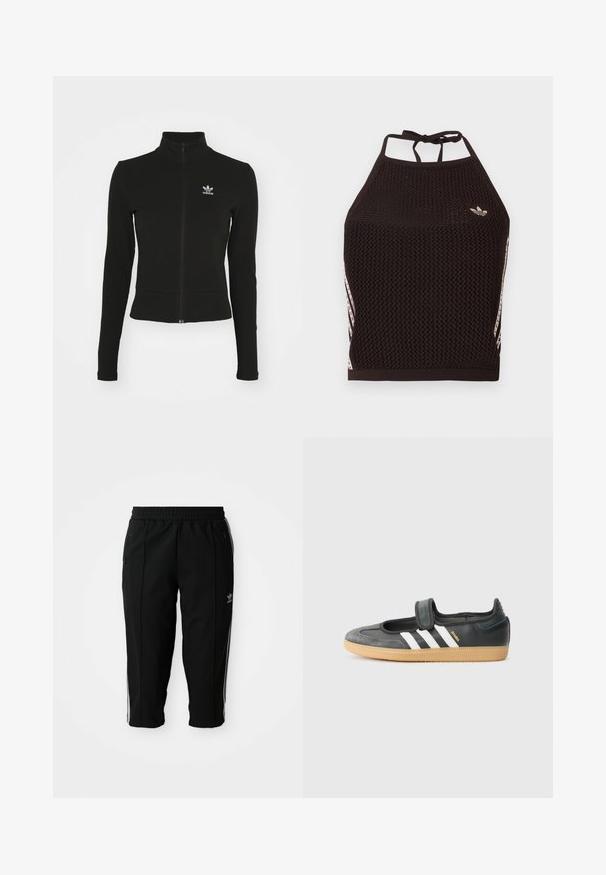 Sort zip-up jakke med lange ærmer, lavet af tekstureret materiale, med et lille blåt Adidas-logo på venstre bryst.; Sort mesh halter crop top med tekstureret design. Har pink accentstriber og en lille logo foran. Lukning med bånd bagpå.; Sorte træningsbukser med elastisk talje, sidelommer med lynlås og hvide accentstriber langs sømmene. Lavet af et glat og holdbart materiale.; Sort læder- og ruskinds sneakers med en Velcro-rem, der har tre hvide striber og en gummisål, mærket "SAMBA" på siden.