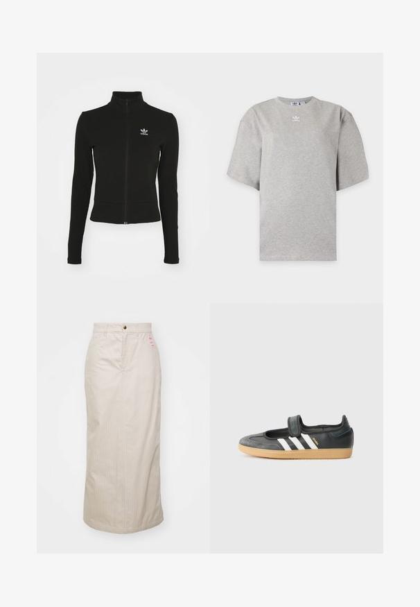Čierna zipsová bunda s dlhými rukávmi, vyrobená z textúrovaného materiálu, s malým modrým logom Adidas na ľavej hrudi.; Svetlosivé tričko Adidas s krátkym rukávom, okrúhlym výstrihom a malým bielym logom Adidas na hrudi, zobrazené na jednoduchom pozadí.; Béžová sukňa s pruhmi a vysokým pásom, skrytý zips a kovové zapínanie na gombík. Obsahuje malú značkovú etiketu na prednej strane.; Čierne kožené a zamšové tenisky s Velcro pásikom, s tromi bielymi pruhmi a gumenou podrážkou, označené nápisom "SAMBA" na boku.