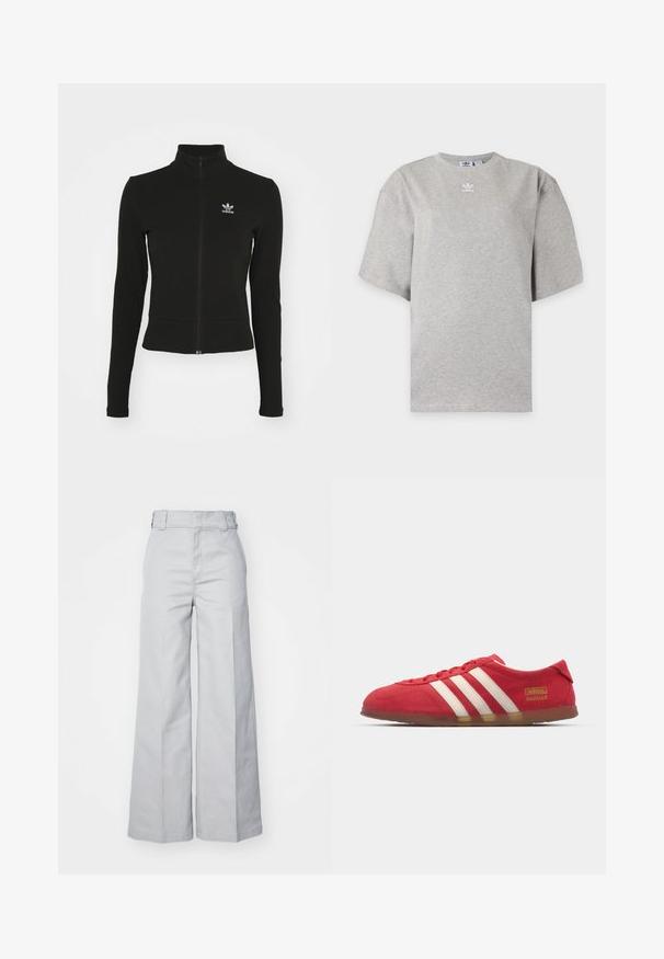 Čierna zipsová bunda s dlhými rukávmi, vyrobená z textúrovaného materiálu, s malým modrým logom Adidas na ľavej hrudi.; Svetlosivé tričko Adidas s krátkym rukávom, okrúhlym výstrihom a malým bielym logom Adidas na hrudi, zobrazené na jednoduchom pozadí.; Svetlošedé nohavice s širokými nohavicami vyrobené z bavlneného zmesi, so zvýšeným pásom, štruktúrovaným pásom a viditeľným prešívaním.; Červené semišové tenisky s bielym trojpruhovým dizajnom, plochou podrážkou a zlatým logom. Nízky strih s okrúlou špičkou a šnurovaním.
