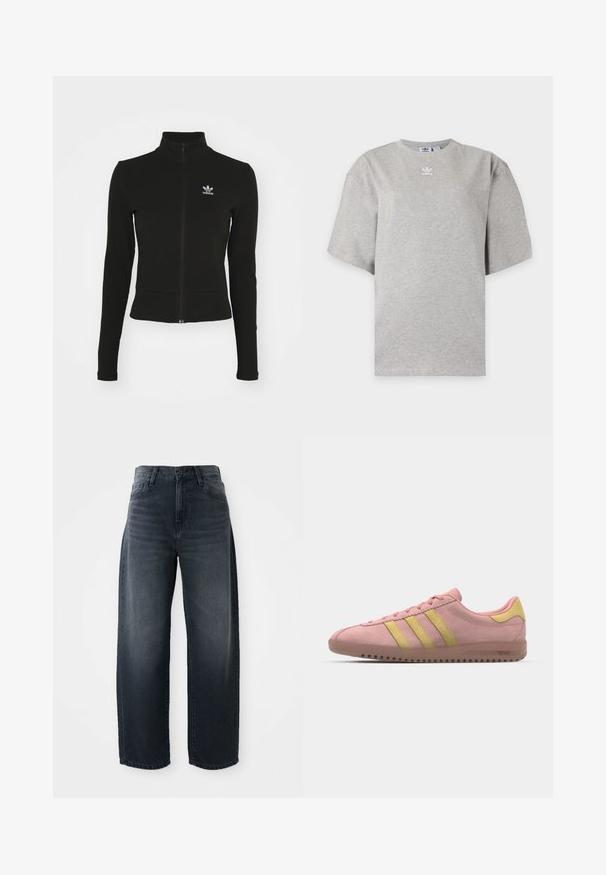 Chaqueta negra con cremallera y mangas largas, hecha de material texturizado, que presenta un pequeño logo azul de Adidas en el lado izquierdo del pecho.; Camiseta Adidas de manga corta color gris claro con cuello redondo y pequeño logo blanco de Adidas en el pecho, mostrada sobre un fondo liso.; Jeans de pierna ancha en denim de lavado oscuro, con una cintura alta, cierre clásico de botón y cremallera, y un ligero desvanecimiento en el frente.; Zapatilla de ante rosa con tres franjas amarillas, puntera redondeada y suela de goma texturizada. Diseño de perfil bajo con un collar acolchado.