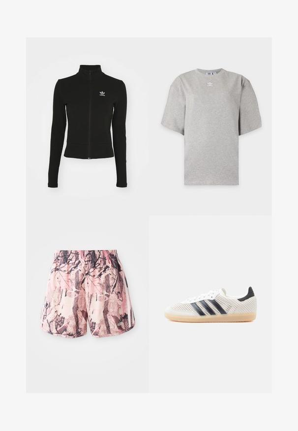 Sort zip-up jakke med lange ærmer, lavet af tekstureret materiale, med et lille blåt Adidas-logo på venstre bryst.; Lysegrå Adidas T-shirt med korte ærmer, rund hals og lille hvid Adidas-logo på brystet, vist på en ensfarvet baggrund.; Lyserøde og brune mønstrede shorts med elastisk talje og sidebånd, der har et grafisk design, der ligner løv og grene.; Hvide mesh-sneakers med sort tre-stribet design, rundet tå og gummisål. Har blød hælkant og snørelukning.