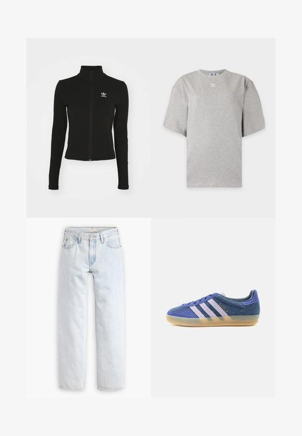 Čierna zipsová bunda s dlhými rukávmi, vyrobená z textúrovaného materiálu, s malým modrým logom Adidas na ľavej hrudi.; Svetlosivé tričko Adidas s krátkym rukávom, okrúhlym výstrihom a malým bielym logom Adidas na hrudi, zobrazené na jednoduchom pozadí.; Svetlomodré džíny s rovnými nohavicami a vysokým pásom, obsahujúce päť vreciek, predné zapínanie na gombík a viditeľné švy.; Nízke tenisky z modrej semišovej kože s bielymi plastickými pásikmi, priehľadnou gumovou podrážkou a zlatým logom "BAYRE" na boku.