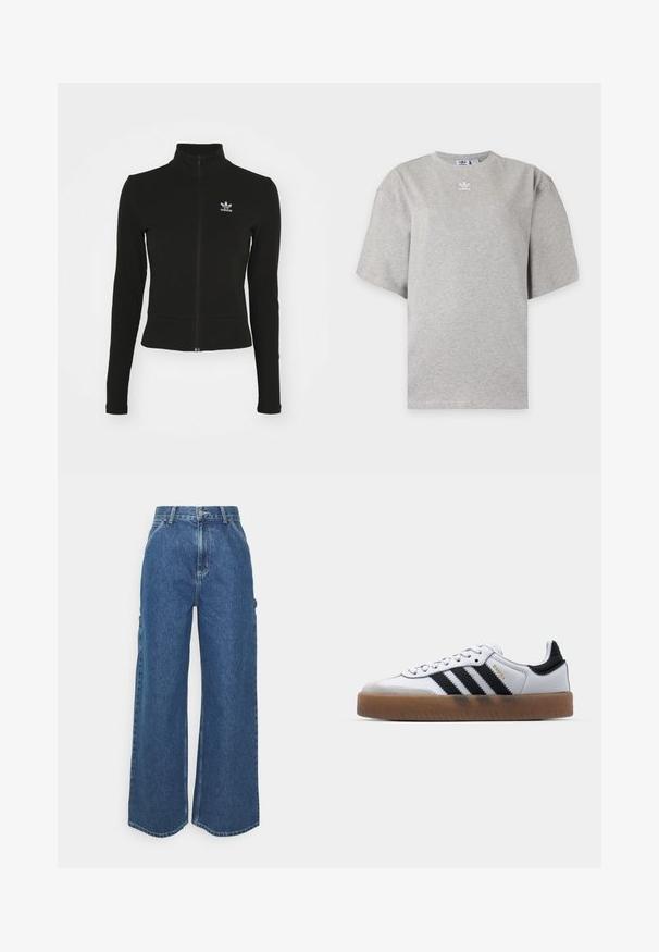 Sort zip-up jakke med lange ærmer, lavet af tekstureret materiale, med et lille blåt Adidas-logo på venstre bryst.; Lysegrå Adidas T-shirt med korte ærmer, rund hals og lille hvid Adidas-logo på brystet, vist på en ensfarvet baggrund.; Bredde ben blå denimbukser med høj talje, kontrastsyede sømme og sidelommer, med et klassisk fem-lomme design og rå kanter.; Hvide lædersneakers med sorte striber, gummirubber sål, rund tå, snørelukning og blød grå ruskinds tåhætte.