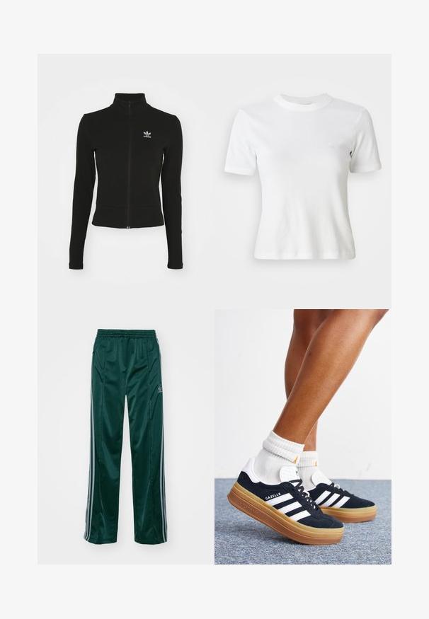 Schwarze Jacke mit Reißverschluss und langen Ärmeln, aus strukturiertem Material, mit einem kleinen blauen Adidas-Logo auf der linken Brust.; Weiße, gerippte Kurzarm-T-Shirt mit Rundhalsausschnitt und kleinem Logo auf der Brust. Aus weichem Stoff gefertigt mit taillierter Passform.; Dunkelgrüne Sporthosen aus glänzendem Material, mit seitlichen Streifen in Hellgrau und einem gestickten Logo auf dem linken Bein.; Beine mit weißen Socken und schwarzen Adidas Gazelle Sneakers mit weißen Streifen und dicken braunen Sohlen auf einem grauen Teppichboden.