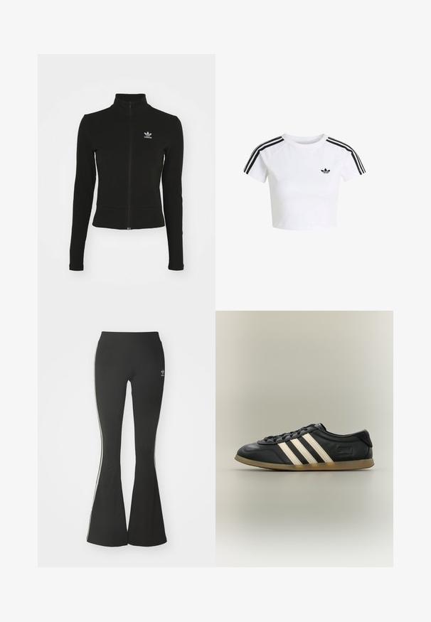 Chaqueta negra con cremallera y mangas largas, hecha de material texturizado, que presenta un pequeño logo azul de Adidas en el lado izquierdo del pecho.; Camiseta corta blanca con el logo negro de Adidas trefoil en el pecho y tres rayas negras a lo largo de los hombros y las mangas.; Leggings acampanados negros de tejido elástico, con una cintura alta y rayas laterales blancas. Incluye un pequeño logo en la cintura.; Zapatilla Adidas Gazelle negra con rayas blancas, cordones negros y suela marrón claro, mostrada en perfil lateral sobre fondo neutro.