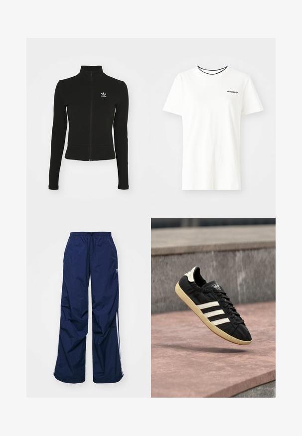 Čierna zipsová bunda s dlhými rukávmi, vyrobená z textúrovaného materiálu, s malým modrým logom Adidas na ľavej hrudi.; Biela bavlnená tričko s krátkymi rukávmi a okrúhlym výstrihom. Obsahuje čierne logo Adidas na hrudi a kontrastný čierny vnútorný golier.; Tmavomodré, ľahké nohavice s elastickým pásom a sťahovacou šnúrkou, so svetlými bočnými pásmi a malým logom na prednej strane. Strih voľného strihu.; Čierna teniska Adidas s bielymi pruhmi a béžovou podrážkou, zachytená vo vzduchu nad kamenným povrchom a kamennou stenou v pozadí.