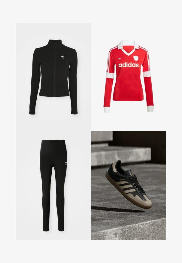 Zwarte zip-up jas met lange mouwen, gemaakt van textuurmateriaal, met een klein blauw Adidas-logo op de linkerborst.; Rode lange mouwen voetbalshirt met een witte kraag en manchetten. Heeft drie witte strepen op de schouders en het "adidas" logo prominent weergegeven.; Zwarte legging van rekbaar materiaal met een hoge taille, voorzien van een klein wit Adidas-logo op het linkerbeen. Gladde textuur.; Zwarte en beige leren sneaker met drie witte strepen, een beige rubberen zool en gouden "Samba"-details aan de zijkant.