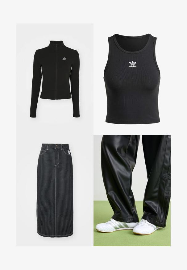 Chaqueta negra con cremallera y mangas largas, hecha de material texturizado, que presenta un pequeño logo azul de Adidas en el lado izquierdo del pecho.; Top de tanque negro con ribetes y escote redondo, que presenta un logo de Adidas en blanco en el pecho. El material parece suave y flexible.; Falda midi de mezclilla negra con rayas verticales blancas. Presenta una cintura con botones, dos bolsillos delanteros y costuras de contraste. Diseño ajustado recto.; Pantalones de cuero sintético negros con un corte holgado, que presentan una textura suave y franjas laterales. Combinados con zapatillas blancas con detalles plateados.