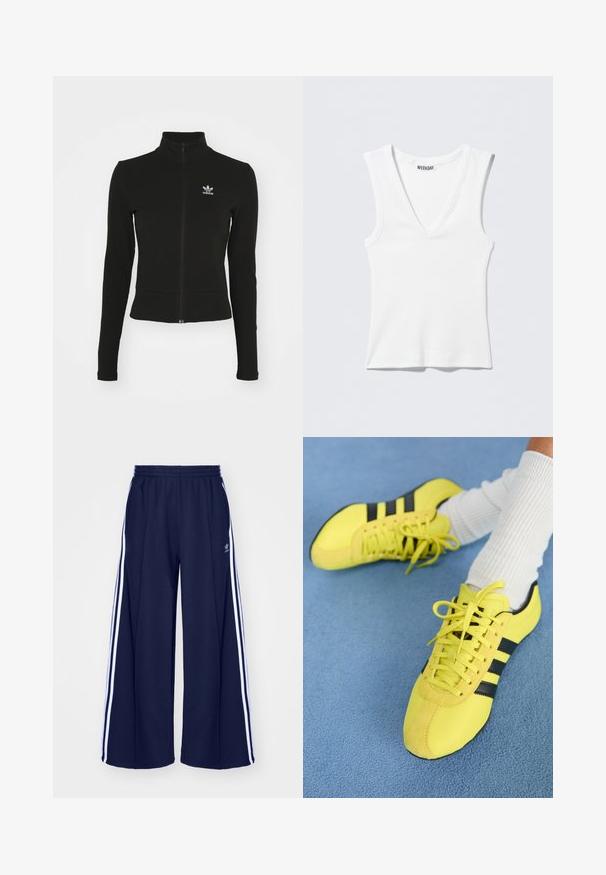 Sort zip-up jakke med lange ærmer, lavet af tekstureret materiale, med et lille blåt Adidas-logo på venstre bryst.; Hvid rødternet ærmeløs tanktop med V-hals og WEEKDAY-mærke indeni ved halsudskæringen, lagt fladt på en lys baggrund.; adidas Originals PANT - Træningsbukser - night indigo; Lys gule atletiksko med sorte striber og snørebånd; har en struktureret overdel og suedefornum. Brugt med hvide ribbede sokker.