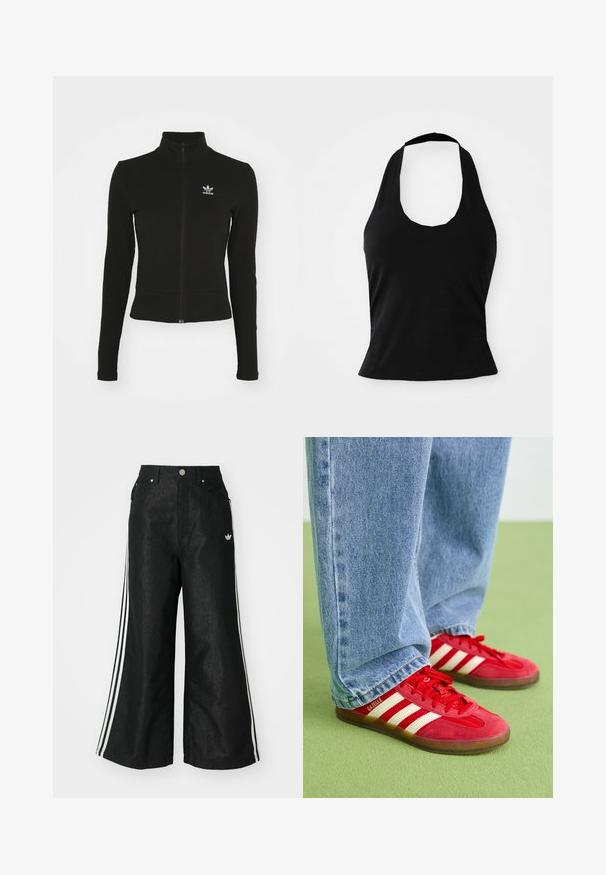 Chaqueta negra con cremallera y mangas largas, hecha de material texturizado, que presenta un pequeño logo azul de Adidas en el lado izquierdo del pecho.; Top negro tipo halter hecho de una tela suave, con un escote redondeado y una silueta ajustada, con una textura lisa y sin patrones visibles.; Pantalones de denim anchos y negros con tres franjas blancas en cada lado y un pequeño logo blanco. Cuenta con bolsillos frontales y un cierre de botón.; Zapatillas de ante rojas con tres rayas blancas, punta redonda y suela texturizada, combinadas con jeans de mezclilla azul claro sobre un fondo verde.