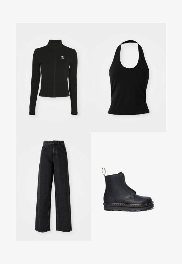 Sort zip-up jakke med lange ærmer, lavet af tekstureret materiale, med et lille blåt Adidas-logo på venstre bryst.; Sort halterneck top lavet af blød stof, med en scoop halsudskæring og en tætsiddende silhuet, med en glat tekstur og uden synlige mønstre.; Sorte højtaljede brede bukser lavet af denim, præget af et klassisk fem-lomme design og subtile syninger.; Sort læder ankelstøvle med elastiske sidepaneler, rund tå, kontrasterende gul syning og en kraftig gummisål.