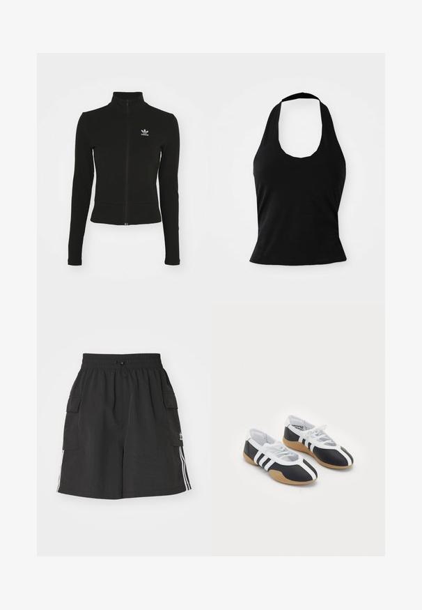 Sort zip-up jakke med lange ærmer, lavet af tekstureret materiale, med et lille blåt Adidas-logo på venstre bryst.; Sort halterneck top lavet af blød stof, med en scoop halsudskæring og en tætsiddende silhuet, med en glat tekstur og uden synlige mønstre.; Sorte cargo shorts lavet af letvægtsmateriale, med elastisk talje, snor lukning, sidelommer og hvide sidelister.; Sort-hvide sportsko med et slankt design, gummisål, snørebåndslukning og tre hvide striber på siden.