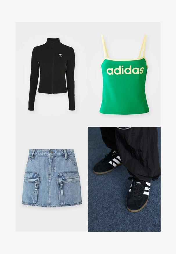 Chaqueta negra con cremallera y mangas largas, hecha de material texturizado, que presenta un pequeño logo azul de Adidas en el lado izquierdo del pecho.; Top verde con detalles amarillos, hecho de material elástico. Presenta un gran logo de "adidas" amarillo en el frente y tirantes delgados.; Mini falda de mezclilla azul con dos grandes bolsillos frontales con solapa, tiradores de cremallera y trabillas en la cintura.; Zapatillas deportivas de ante negro con tres rayas blancas y cordones negros. Un pantalón negro texturizado es parcialmente visible al lado de las zapatillas.