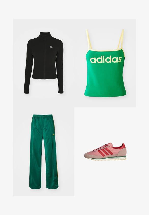 Schwarze Jacke mit Reißverschluss und langen Ärmeln, aus strukturiertem Material, mit einem kleinen blauen Adidas-Logo auf der linken Brust.; Grünes Tanktop mit gelben Akzenten, aus dehnbarem Material. Lieferumfang: großes gelbes "adidas"-Logo auf der Vorderseite und dünne Träger.; Grüne satinierte Sporthosen mit entspannter Passform, mit gelben Streifenakzenten und einem gestickten Logo auf der linken Seite. Elastischer Bund.; Pink-rote Adidas-Sneaker mit Wildleder an Zehen- und Fersenpartie, roten Schnürsenkeln, grünem Streifen über der weißen Sohle, seitlich betrachtet.
