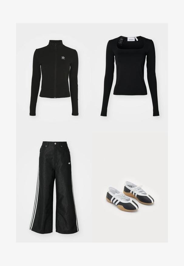 Must mustressede jakk, millel on pikad varrukad ja mis on valmistatud tekstuurilisest materjalist, ning mille vasakul rinnaku kohal on väike sinine Adidas'i logo.; Must have pikkade varrukatega must pehme top, millel on ruudukujuline kaelus. Valmistatud siledast kangast, see rõhutab figuuri ning sisaldab peeneid õmblusi. Silt küljes.; Mustad mustadeline denimipüksid, millel on kummalgi küljel kolm valget triipu ja väike valge logo. Omab esikotte ja nööbiga kinnihoidmist.; Mustvalged spordijalatsid, millel on sile disain, kummist tald, paeltest kinni tõmmatav sulgur ja kolm valget triipu külgedel.