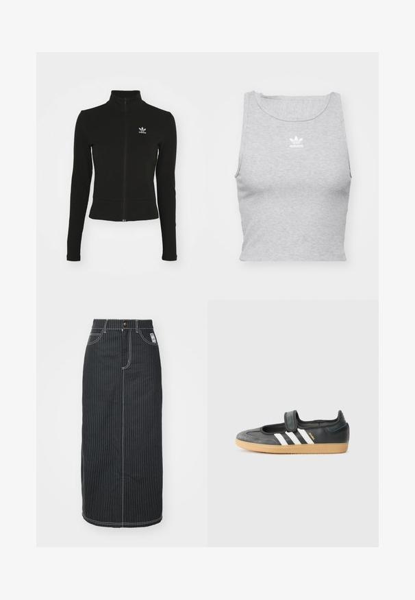 Čierna zipsová bunda s dlhými rukávmi, vyrobená z textúrovaného materiálu, s malým modrým logom Adidas na ľavej hrudi.; Šedý, bezrukávový crop top vyrobený z jemnej látky, s okrúhlym výstrihom a malým bielym logom Adidas na hrudi.; Čierna denim midi sukňa s bielymi vertikálnymi pruhmi. Obsahuje pás na gombík, dve predné vrecká a kontrastné šitie. Priamy strih.; Čierne kožené a zamšové tenisky s Velcro pásikom, s tromi bielymi pruhmi a gumenou podrážkou, označené nápisom "SAMBA" na boku.