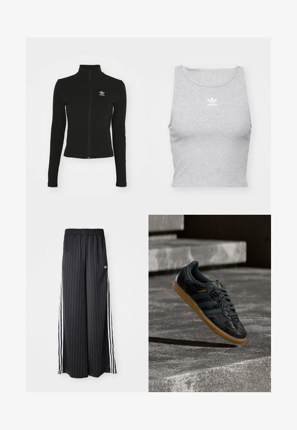 Chaqueta negra con cremallera y mangas largas, hecha de material texturizado, que presenta un pequeño logo azul de Adidas en el lado izquierdo del pecho.; Top corto sin mangas gris, hecho de un tejido suave, con un escote redondo y un pequeño logo blanco de Adidas en el pecho.; Pantalones negros de pierna ancha con rayas blancas verticales, cinturilla elástica y tres rayas blancas a lo largo del lado. Logo de Adidas en la parte frontal.; Zapatilla negra Adidas Samba con patrón texturizado, suela de goma y logo dorado, posicionada en el aire sobre escalones de hormigón.