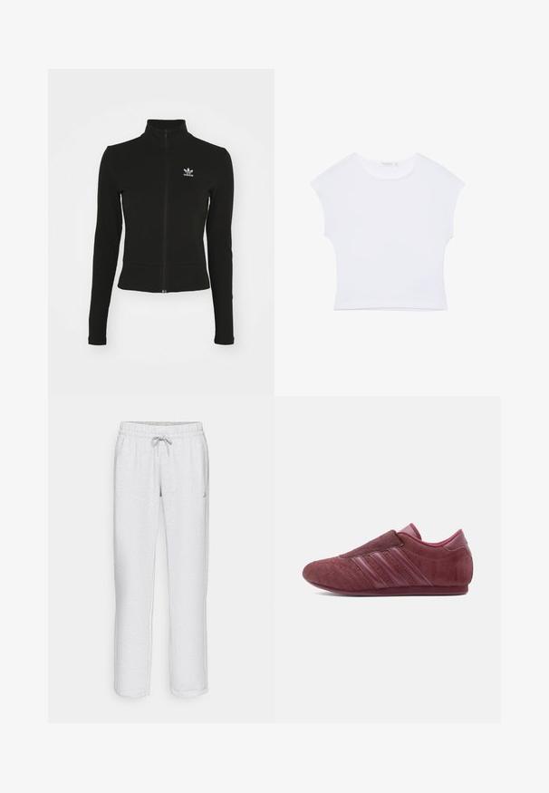 Čierna zipsová bunda s dlhými rukávmi, vyrobená z textúrovaného materiálu, s malým modrým logom Adidas na ľavej hrudi.; Biele krátke tričko s krátkym rukávom a okrúhlym výstrihom, vyrobené z hladkej látky, položené na bielom pozadí.; Biele teplákové nohavice s rovnými nohavicami, elastickým pásom, sťahovacou šnúrkou a jemnou textúrou. Obsahujú malé logo na ľavej strane.; Bordové športové topánky s hladkým semišovým zvrškom, diagonálnym prešitím a tromi pruhovanými detailmi na boku. Zaoblená špička a nízky profil.