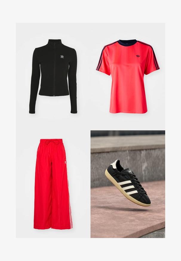 Čierna zipsová bunda s dlhými rukávmi, vyrobená z textúrovaného materiálu, s malým modrým logom Adidas na ľavej hrudi.; Červené športové tričko s krátkymi rukávmi, s vertikálnymi pruhmi, námorníckym okrúhlym výstrihom a malým čiernym logom na prednej strane.; Červené široké nohavice vyrobené z ľahkého materiálu, s bielymi bočnými prúžkami a elastickým pásom so šnúrkou.; Čierna teniska Adidas s bielymi pruhmi a béžovou podrážkou, zachytená vo vzduchu nad kamenným povrchom a kamennou stenou v pozadí.