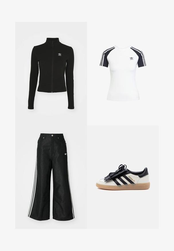 Chaqueta negra con cremallera y mangas largas, hecha de material texturizado, que presenta un pequeño logo azul de Adidas en el lado izquierdo del pecho.; Camiseta blanca de manga corta con mangas raglán negras. Presenta tres franjas negras en los hombros y un pequeño logo negro de Adidas en el pecho.; Pantalones de denim anchos y negros con tres franjas blancas en cada lado y un pequeño logo blanco. Cuenta con bolsillos frontales y un cierre de botón.; Zapatilla Adidas Spezial blanca y negra con suela de goma, rayas negras y cubierta de cordones negra sobre un fondo claro sencillo.