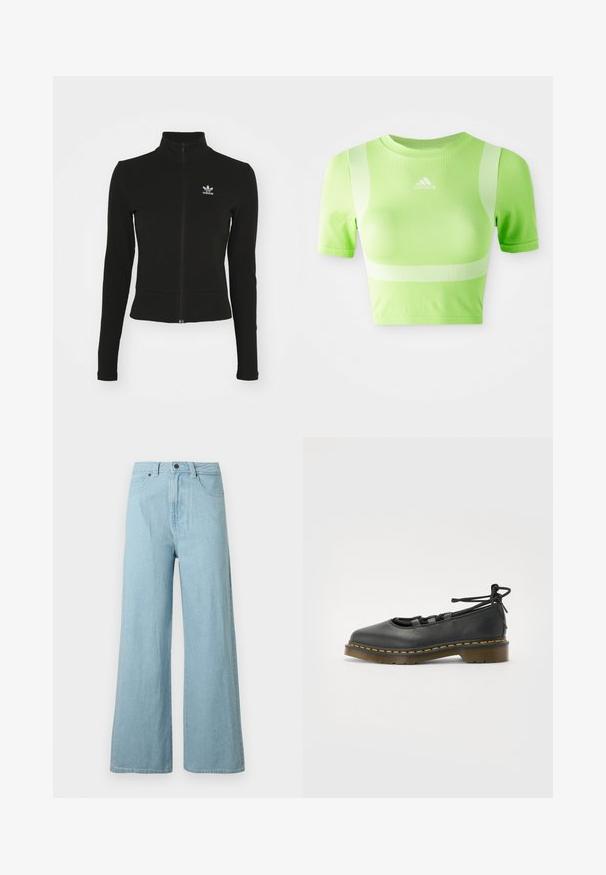 Čierna zipsová bunda s dlhými rukávmi, vyrobená z textúrovaného materiálu, s malým modrým logom Adidas na ľavej hrudi.; Zkrátené atletické tričko v jasne zelenej farbe. Má krátke rukávy, okrúhly výstrih a biely diagonálny pruhový vzor na pleciach. Logo adidas na prednej strane.; Svetlomodré rifle s širokými nohavicami, predným gombíkom, zipsom, pútkami na opasok a bočnými vreckami na bielom pozadí.; Čierna kožená topánka s okrúhlym špičkou, nízkym podpätkom, šnurovaním a žltým prešitím pozdĺž podrážky. Hladká textúra s matným povrchom.