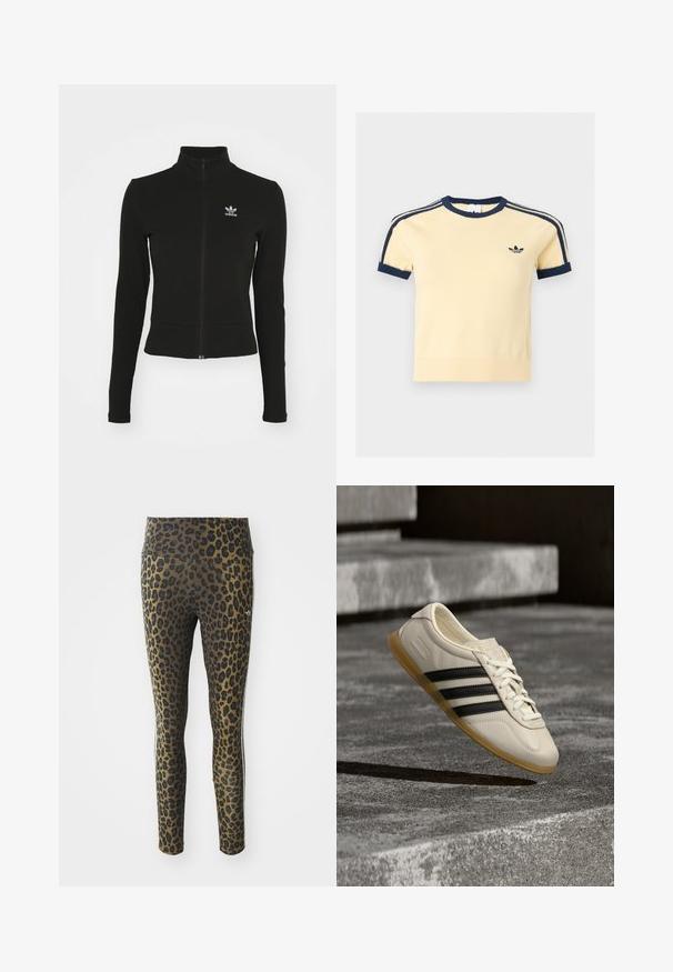 Sort zip-up jakke med lange ærmer, lavet af tekstureret materiale, med et lille blåt Adidas-logo på venstre bryst.; Kortærmet cremefarvet skjorte med mørkeblå rund hals, ærmekant, skulderstriber og lille mørkeblå Adidas trefoil logo på venstre bryst.; Pletterede leggings med høj talje, strækbart stof og sorte accenter på en lys brun bund, designet til komfort og pasform.; Hvid sneaker med sorte striber og gummisål svæver over betontrapper i blødt dagslys.