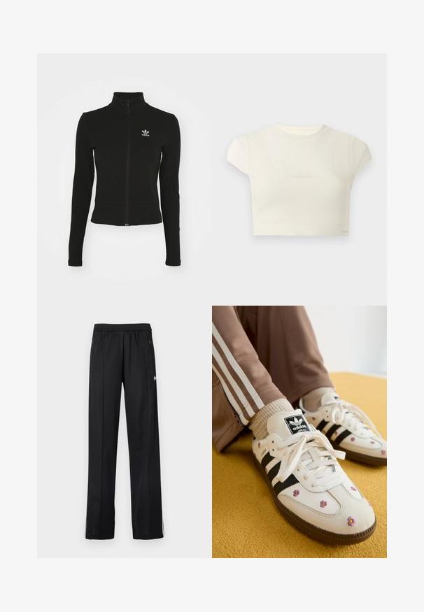 Doudoune noire zippée avec manches longues, fabriquée en matériau texturé, affichant un petit logo Adidas bleu sur la poitrine gauche.; Haut court crème avec manches courtes et col arrondi sur un fond uni.; Pantalon de sport noir avec taille élastique, poches latérales zippées, bandes blanches sur le bas des jambes et petit logo blanc sur le côté.; Baskets en cuir blanc avec trois rayures noires et broderie florale en violet et jaune. Semelle en caoutchouc marron. Assorties à des chaussettes côtelées beiges.