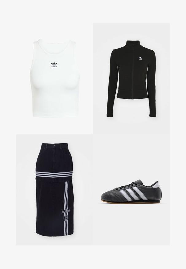 Musta vetoketjullinen takki pitkillä hihoilla, valmistettu teksturoidusta materiaalista, jossa on pieni sininen Adidas-logo vasemmalla rintapielessä.; Valkoinen puuvillainen tanktoppi, jossa on tiukka ribbitettu rakenne, pyöreä pääntie ja edessä brodeerattu musta Adidas-logo.; Mustat farkuhameet korkea vyötärö, jossa on kaksi valkoista vaakaraitaa, Adidas-logo-tägillä sivussa ja suora leikkaus.; Musta nahkakenkä urheilumalli valkoisilla raidoilla, pyöreällä varvalla, tasapohjalla ja nauhakohdistuksella. Varustettu rei'ityksillä hengittävyyden parantamiseksi.
