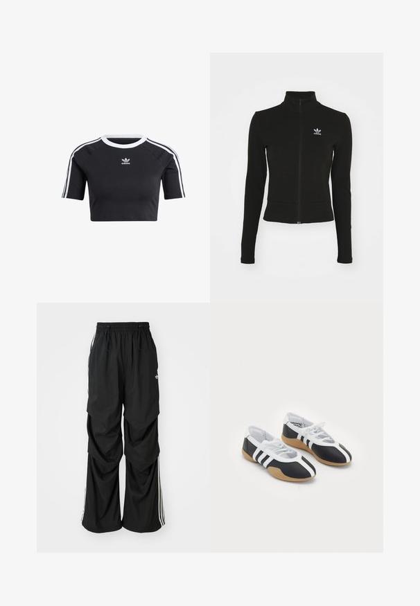 Sort zip-up jakke med lange ærmer, lavet af tekstureret materiale, med et lille blåt Adidas-logo på venstre bryst.; Sort cropped t-shirt lavet af bomuld, med en ribbet hvid rund halsudskæring, korte raglanærmer og hvide side striber med et lille logo.; Sorte løstsiddende bukser med elastisk talje, snøre og hvide sidestriber; lavet af letvægtsstof med en glat tekstur.; Sort-hvide sportsko med et slankt design, gummisål, snørebåndslukning og tre hvide striber på siden.