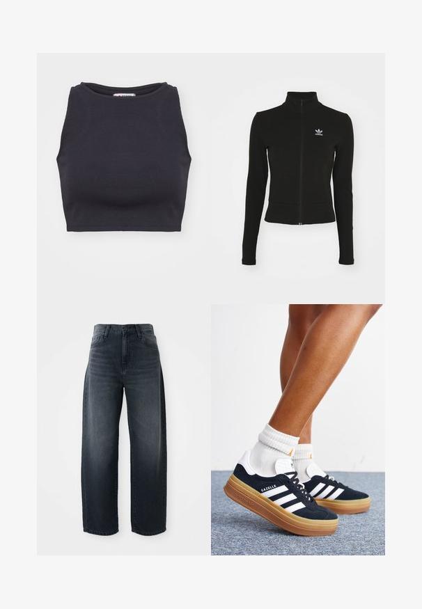 Sort zip-up jakke med lange ærmer, lavet af tekstureret materiale, med et lille blåt Adidas-logo på venstre bryst.; Sort ribbet crop top med rund halsudskæring og uden ærmer. Glat tekstur, tætsiddende form og minimalistisk stil.; Vidde bukser i mørk denim med høj talje, klassisk knap- og lynlåslukning, samt subtil falming langs forsiden.; Ben iført hvide sokker og sorte Adidas Gazelle sneakers med hvide striber og tykke brune såler på et gråt tæppe.